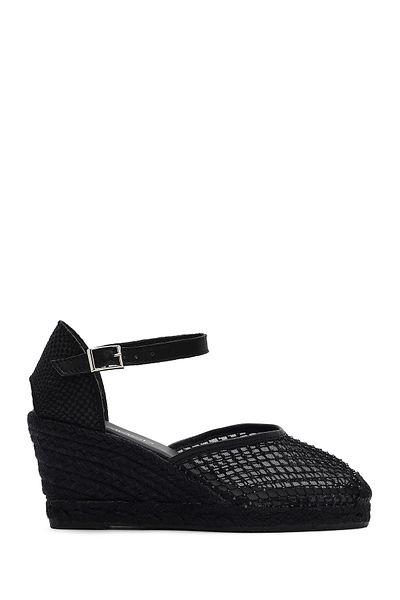Derimod Women's Black Ankle Buckle Wedge Heeled Shoes Espadrille Sandals 25Sfd207314