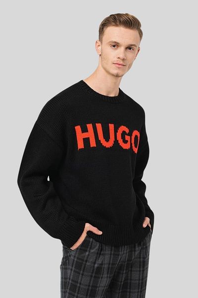 HUGO Regular Fit Logo Printed Men's Sweater Black