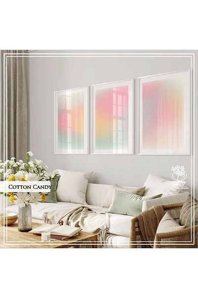 Tablomtr Set de 3 picturi decorative cu cadru metalic din sticlă și zahăr de bumbac