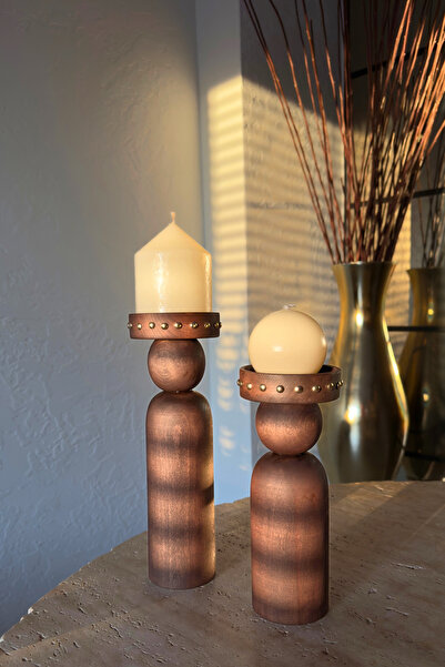 Ogia Concept Billy Doğal Ahşap Şamdan / Mumluk 2'li Set 23 Cm & 27 Cm (KAHVER...