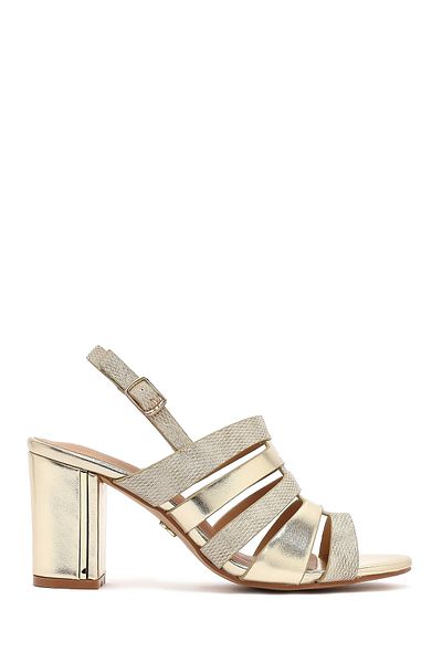 Derimod Women's Gold Ankle Buckle Thick Heeled Evening Dress Shoes Metallic Sandals 25Sfe466632