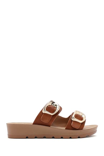Derimod Women's Tan Double Buckle Thick Soled Slippers 25Sfe464018
