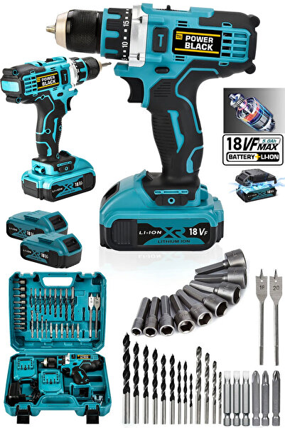 POWER BLACK Pro Germany Technology Şarjlı Matkap Çelik Şanzuman Çift Akülü Li...