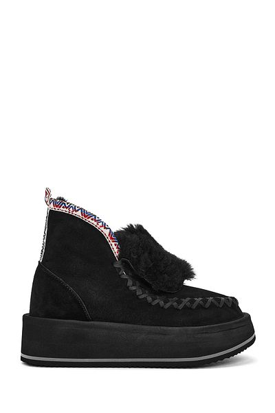 Derimod Women's Black Thick Soled Shearling Suede Leather Boots 24Wfd 205010