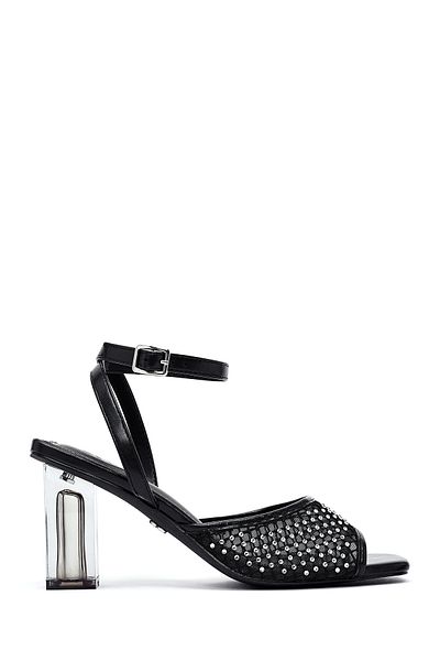 Derimod Women's Black Ankle Buckle Stone Transparent Thick Heeled Shoes Sandals 25Sfe481714