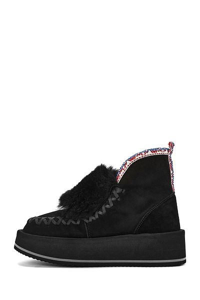 Derimod Women's Black Thick Soled Shearling Suede Leather Boots 24Wfd 205010
