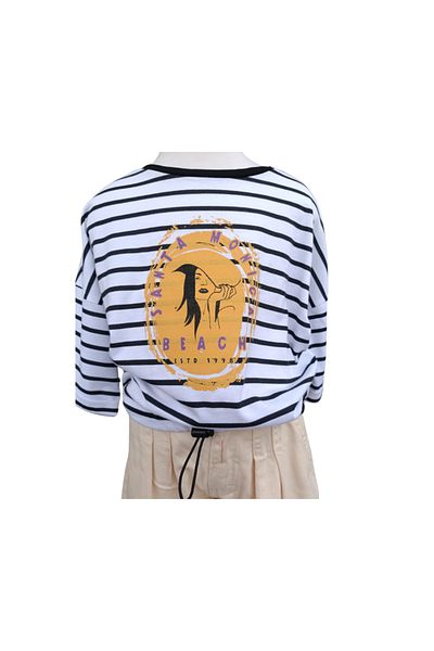 Çikoby Girl's T-Shirt Elastic Waist Crop Ecru Black Striped