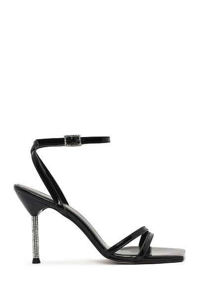 Derimod Women's Black Ankle Buckle Stone Thin Heeled Shoes Patent Leather Sandals 25Sfe391416