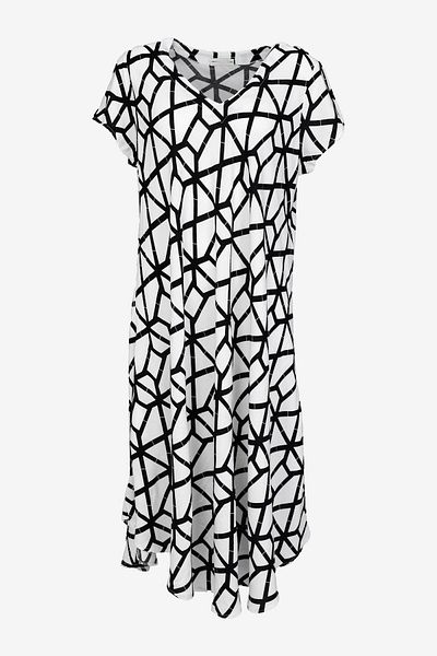 birizmoda Short Sleeve Black Geometric Patterned White Midi Dress