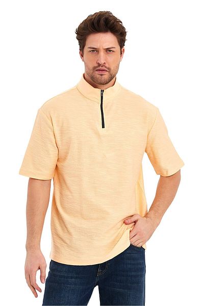 Adams Jacquard Zippered High Collar Short Sleeve Oversize Men's T-Shirt