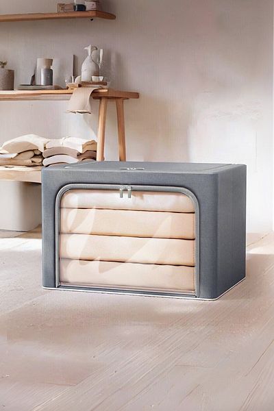 SER&YAT 1 Piece Gray Quilted Steel Framed Organizer Box with Window Storage Bag Wire Storage Bag 40x50x30cm Sweater Storage Bag