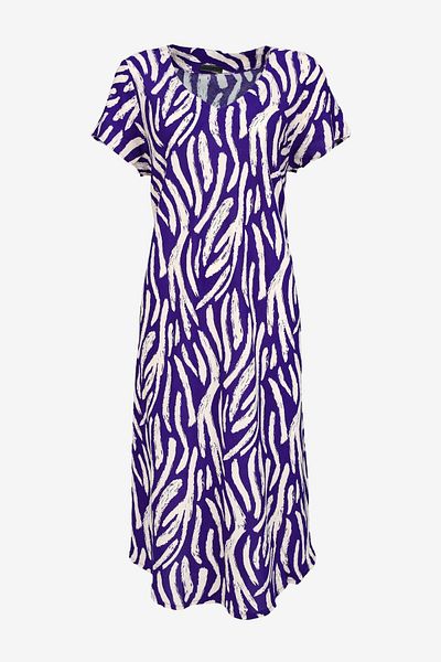 birizmoda Short Sleeved Cream Striped Purple Midi Dress