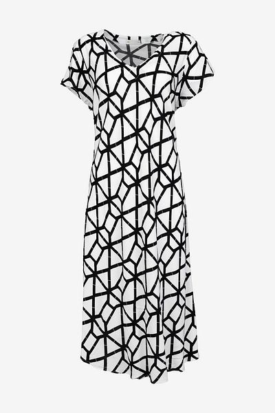 birizmoda Short Sleeve Black Geometric Patterned White Midi Dress