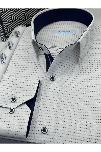 Fitmens Classic Long Sleeve Dot Patterned Men's Shirt with Gift Box Fs- 001259   - White Navy Blue