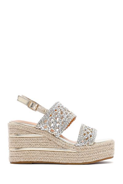 Derimod Women's Gold Knitted Ankle Buckle Wedge Heeled Espadrille Sandals 25Sfe451729