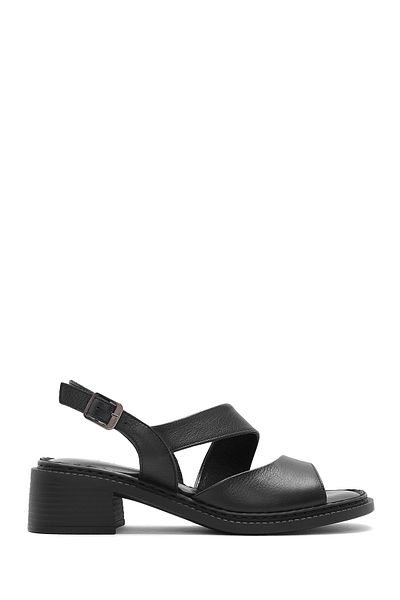 Derimod Women's Black Ankle Buckle Short Heeled Shoes Genuine Leather Sandals 25Sfd341118