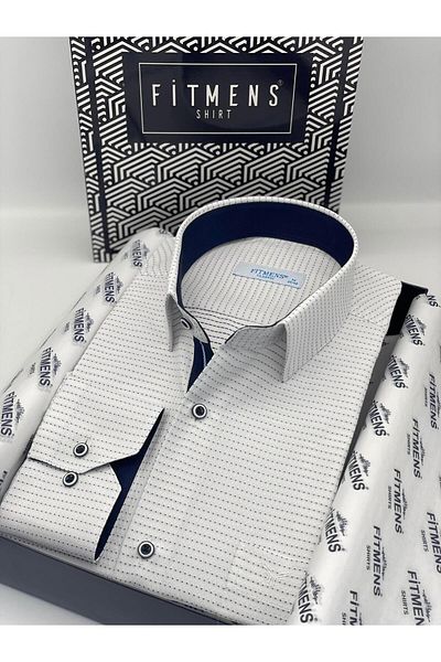 Fitmens Classic Long Sleeve Dot Patterned Men's Shirt with Gift Box Fs- 001259   - White Navy Blue