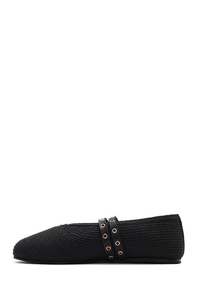 Derimod Women's Black Double Buckle Straw Genuine Leather Summer Ballerina Shoes 25Sfd1820M7