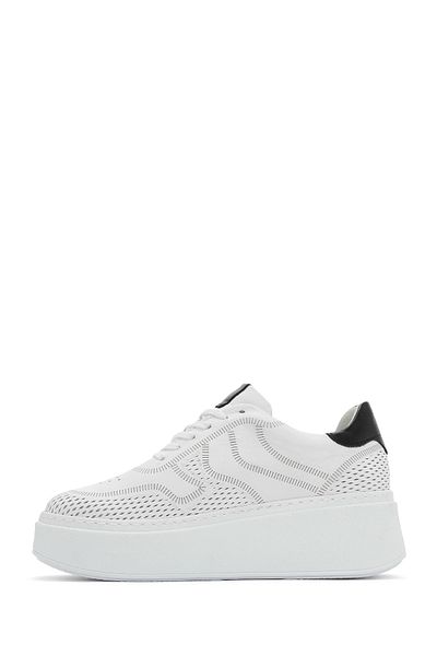 Derimod Women's White Lace-Up Thick Soled Leather Sneaker 25Sfd 371418