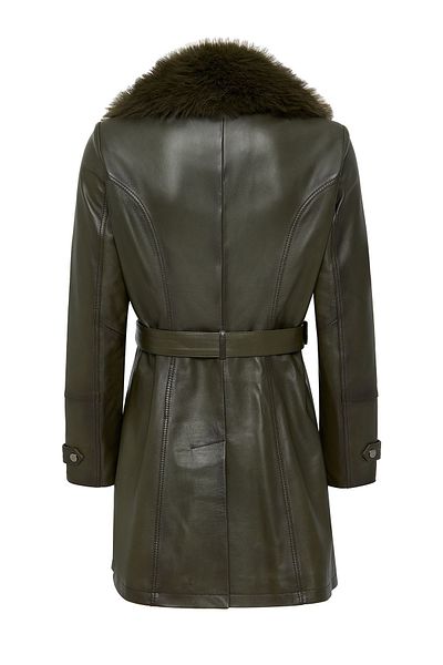 Derimod Rhoda Women's Khaki Collar Sheepskin Leather Coat with Belt Detail 24Wge 588647