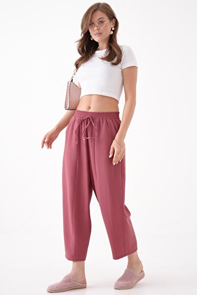 Saade Gül Kurusu Beli Lastikli Cepli Şalvar Pantolon