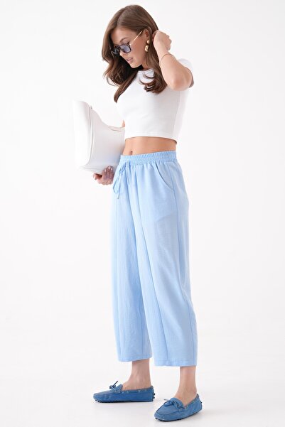 Saade Mavi Beli Lastikli Cepli Şalvar Pantolon
