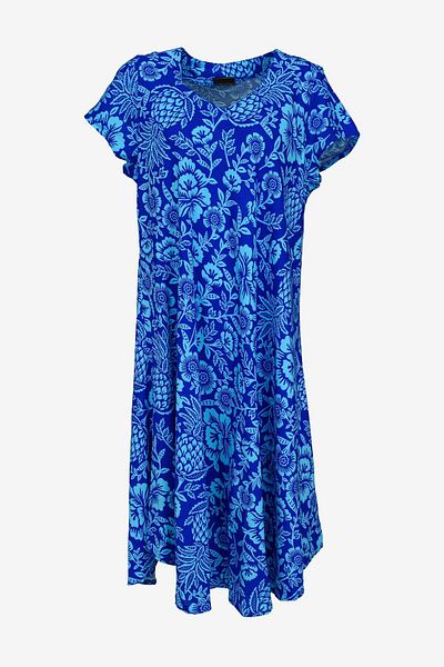 birizmoda Short Sleeved Turquoise Flowered Navy Blue Midi Dress