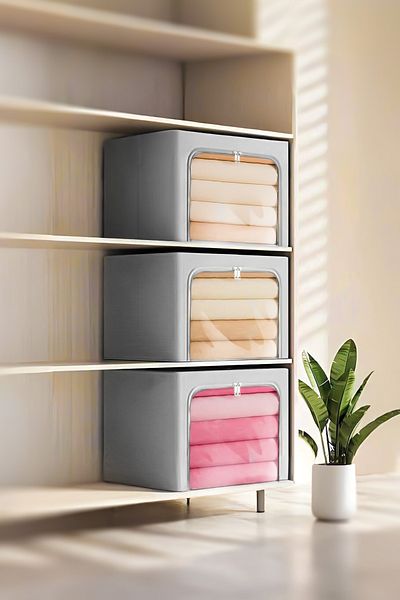 SER&YAT 3 Pieces Gray Quilted Steel Framed Organizer Box with Window Storage Bag Wire Storage Bag 40x50x30cm Sweater Storage Bag
