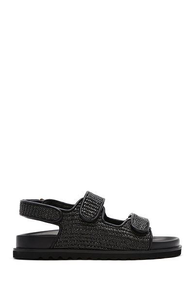 Derimod Women's Black Strappy Straw Sandals 25Sfd4423M7