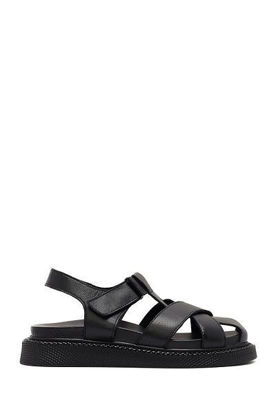 Derimod Women's Black Strappy Thick Soled Genuine Leather Sandals 25Sfd300918