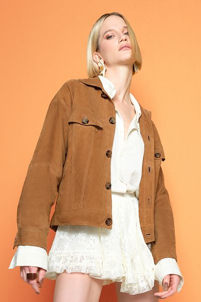 Derimod Valenza Women's Camel Suede Leather Jacket 24Wgd 527610