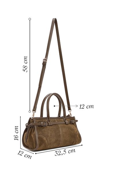 Derimod Women's Khaki Long Strap Suede Leather Handbag 24Wbd 259610
