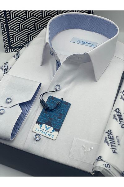 Fitmens Classic Long Sleeve Linen Cotton Gift Boxed Men's Shirt Fs- 001261   - White Light Blue