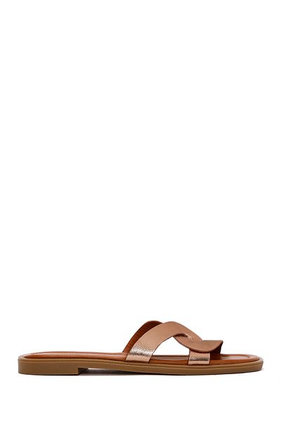 Derimod Women's Gold Metallic Leather Slippers 25Sfd 361532
