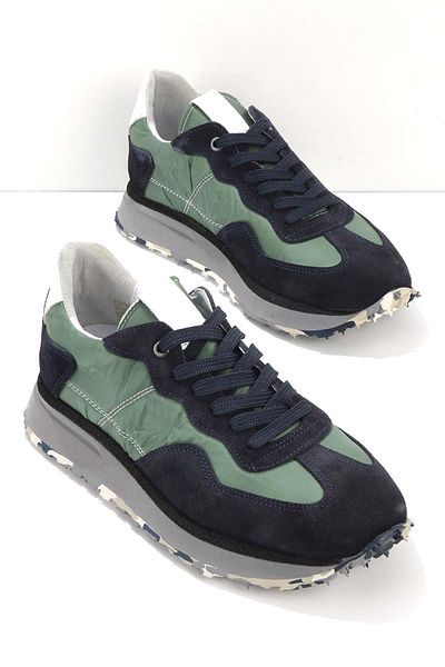 Bambi Ανδρικό δερμάτινο αθλητικό παπούτσια Navy Blue Green E01810007002