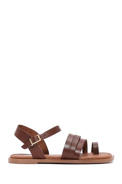 Derimod Women's Brown Ankle Strap Flip Flop Genuine Leather Bodrum Sandals 25Sfd332818