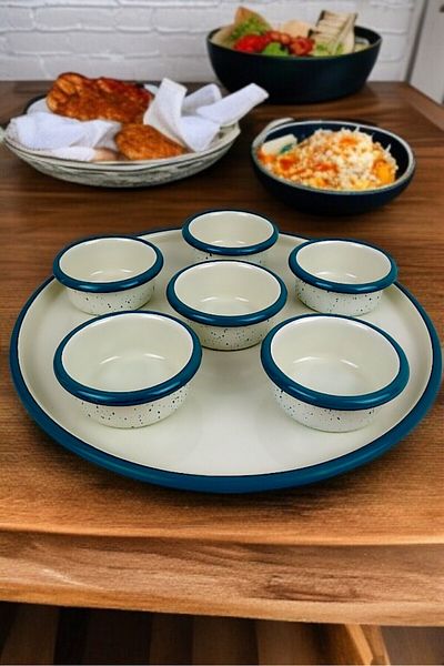 İnci Emaye 7 Piece Medium Size Enamel Breakfast Set - Presentation, Breakfast Plate, Jam, Olive, Cheese Plate