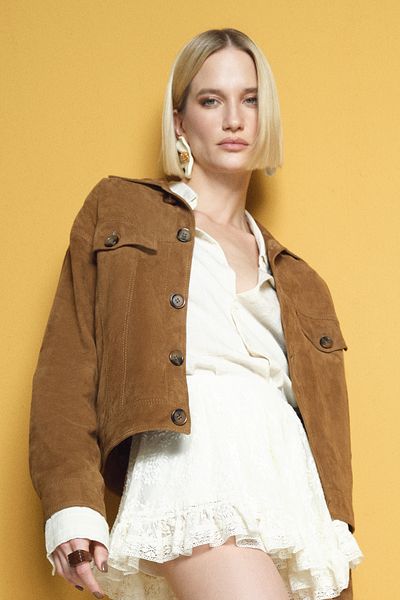 Derimod Valenza Women's Camel Suede Leather Jacket 24Wgd 527610