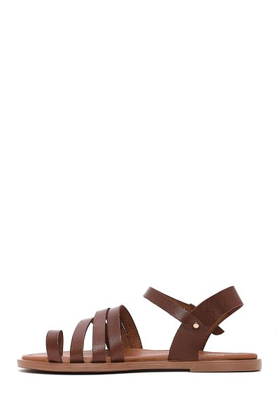Derimod Women's Brown Ankle Strap Flip Flop Genuine Leather Bodrum Sandals 25Sfd332818