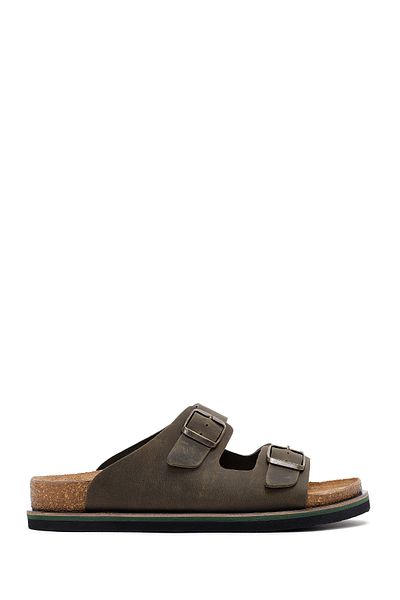 Derimod Men's Khaki Buckle Nubuck Leather Slippers 25Sfd6255V3