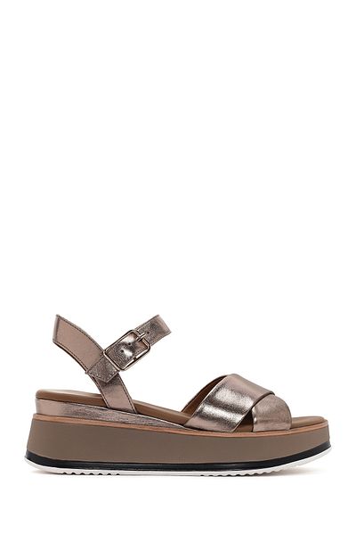 Derimod Women's Gray Ankle Strap Thick Soled Metallic Genuine Leather Sandals 25Sfd550132