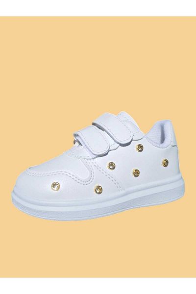 LİASSHOES White Striped Children's Sports Shoes Sneaker with Shiny Gold Stones