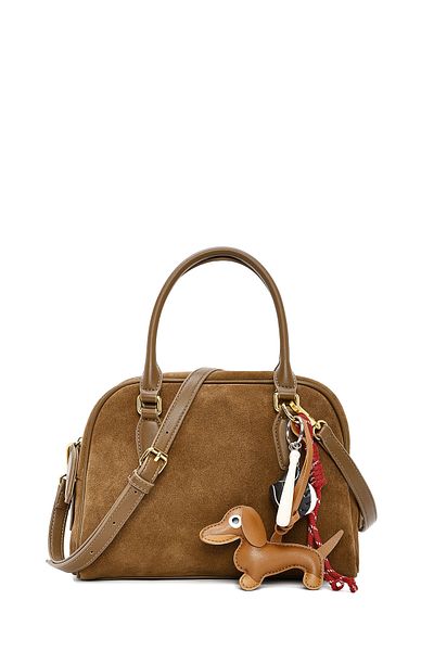 Derimod Women's Tan Long Strap Suede Leather Handbag with Accessories 24Wbd 259210