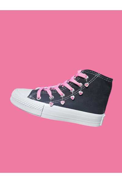 liasdesing pembe sallanan kalpler detay SİYAH KETEN çocuk spor ayakkabı sneaker fermuarlı
