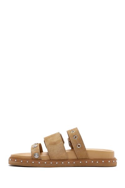 Derimod Women's Tan Buckle Strap Suede Leather Slippers 25Sfd270010