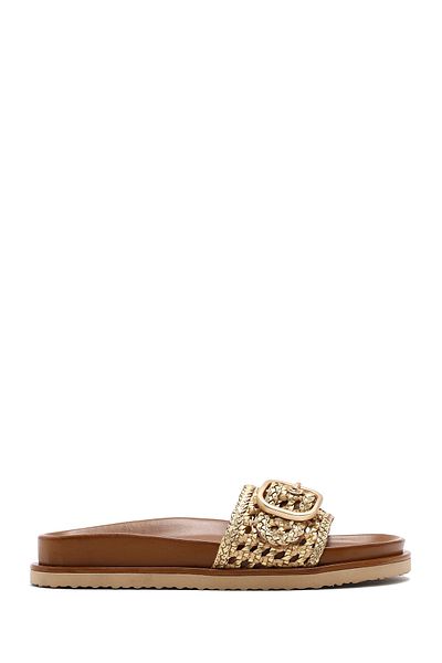 Derimod Women's Gold Buckle Straw Leather Slippers 25Sfd5505M7