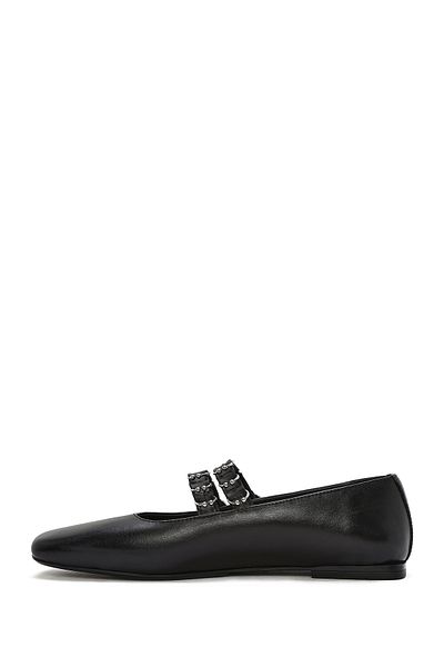 Derimod Women's Black Double Buckle Genuine Leather Summer Ballerina Shoes 25Sfd270618