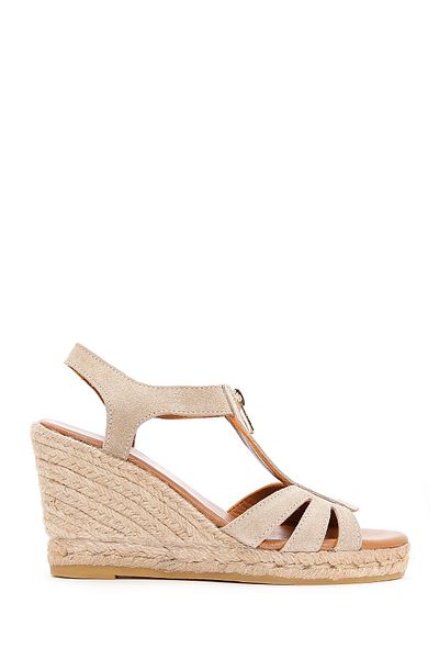 Derimod Women's Beige Zippered Wedge Heeled Suede Leather Espadrille 25Sfd206010