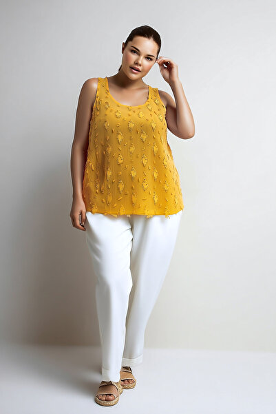 Hanezza Kadın Büyük Beden Hardal U Yaka Sıfır Kol 42-52 Iç Astarlı Şifon Kumaş Bluz