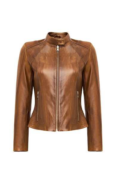 Derimod Anya Women's Camel Short Leather Jacket 24Wge5233Nc